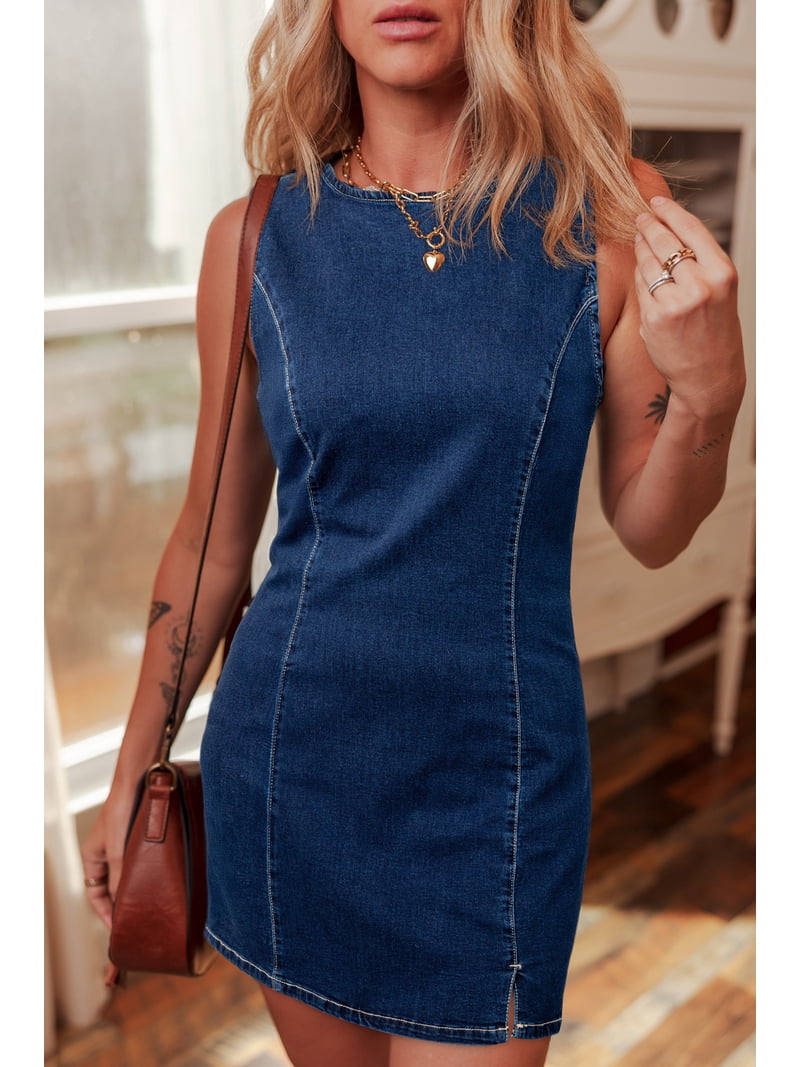 Women's Dirty Blue Sleeveless Zipped Bodycon Denim Mini Dress | [ZhiHiMeRi]  | (US 12-14)L - Walmart.com