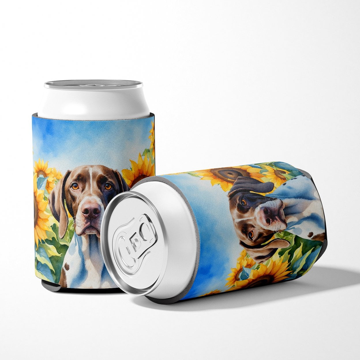 Pointer in Sunflowers Can or Bottle Hugger 3 in x 5 in