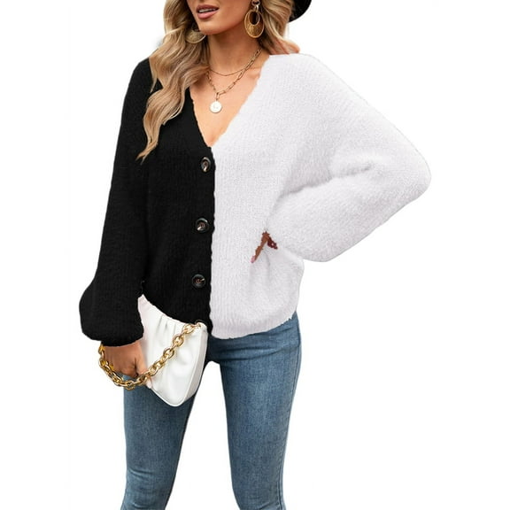 Women'S V Neck Cardigan Fall Cardigan Sweater Short Soft Winter Long Sleeve Acrylic Sweater Black & White M