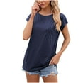 thumbnail image 3 of Olyvenn Fashion Womens Summer Tops Trendy Dressy Solid Color Blouses Short Sleeves Round Neck Loose Fit Lightweight Business Shirts Navy 6, 3 of 4