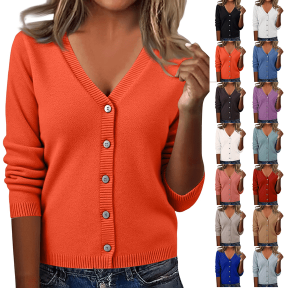 Women's Long Sleeve Button Down Cropped V-Neck Knit Cardigan Sweater Classic Elegant Shrugs for Women Autumn Spring Saffron 2XL