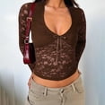 thumbnail image 5 of Sheer Tops for Women, Yigetop Lace Long Sleeve Tops for Women Low Cut Going Out Mesh Crop Tops Slim Tight Shirts Lace Undershirt Lace Tops for Women Brown XL, 5 of 7