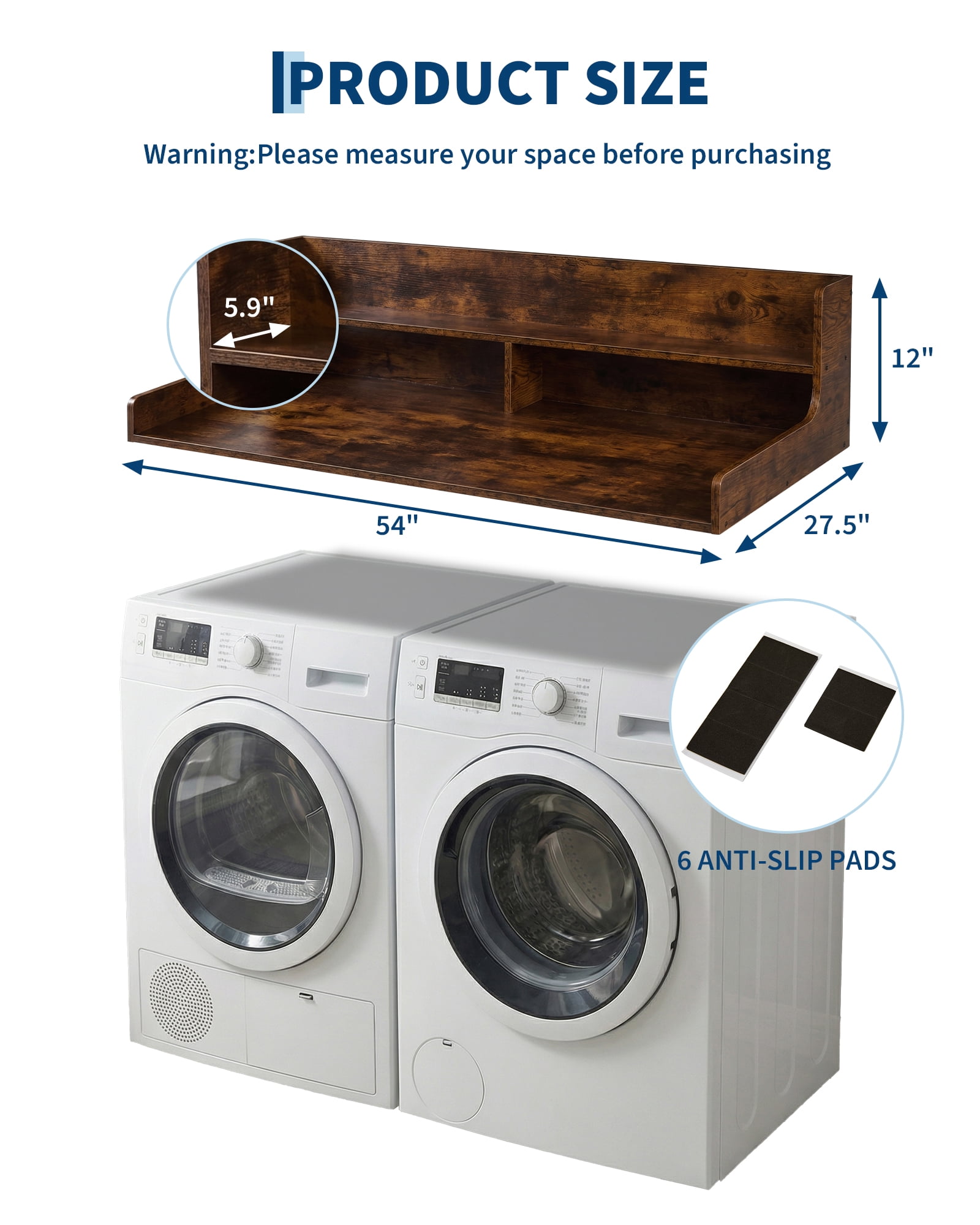Garvee Laundry Shelf Over Washer and Dryer 54" x 27.5", Heavy Duty Wooden Countertop Topper with 12" Fences, Farmhouse Decor Organizer Table for Laundry Room - Walnut Finish