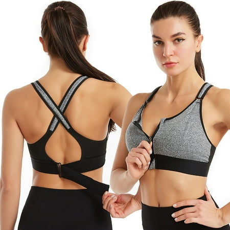 

Wireless Supportive Sports Bra for Women Front Zip Design Cross Back Vest Yoga-M/Gray