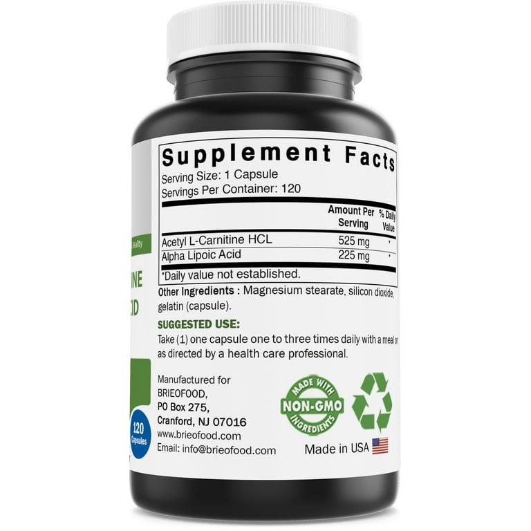 Brieofood Acetyl L-Carnitine Alpha Lipoic Acid 750 mg 120 ct - Walmart.com
