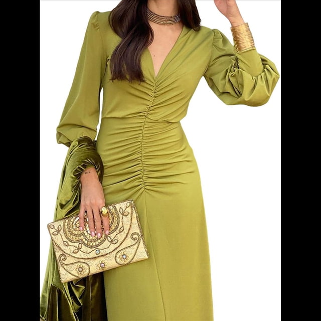Vestidos de Cóctel de Sirena para Otoño e Invierno para Mujer, Larga, Escote en V, Ajustados, Maxivestido Fruncido en la Cintura. Amarillo-Verde XL