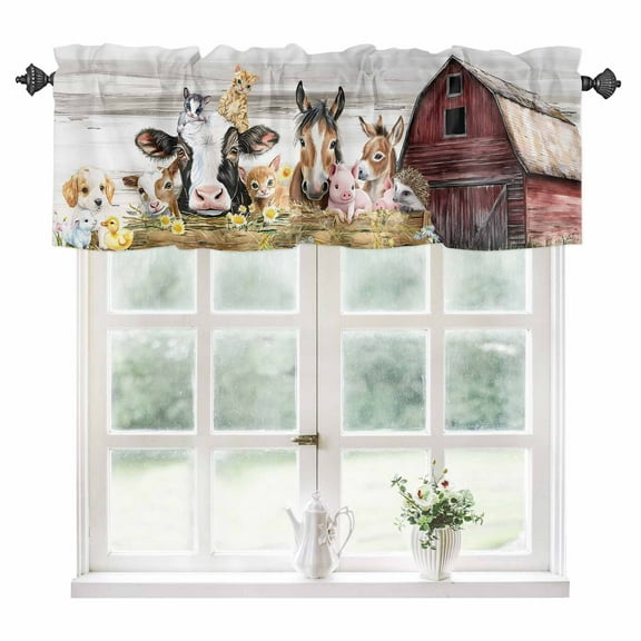 Farmhouse Animals Kitchen Valances for Windows 42x12 Inch Kitchen Curtains Valances Rod Pocket Cow Pig in Fence Retro Wood Barn Bathroom Window Valances for Window Treatment Decor