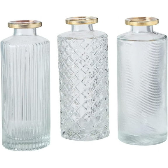 Modernist Home Gold Rimmed Baby Bud Vases, Set of 3, Clear Glass, Fancy Patterns, 5 Inches Tall