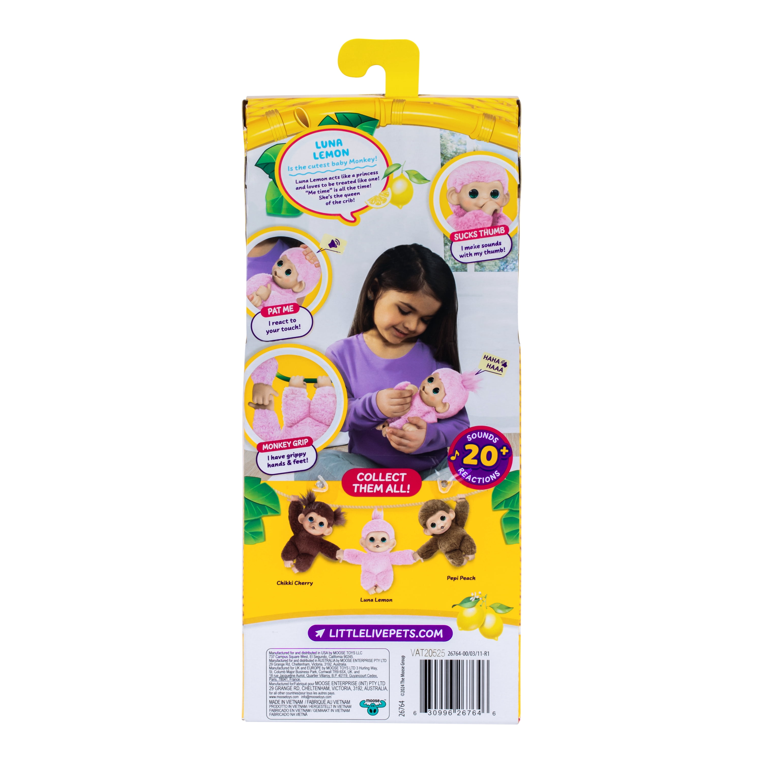 Little Live Pets Baby Monkey Minis – Luna Lemon. Interactive Pet Toy. 20+ Sounds & Reactions. Soft Pink Fur. 7.4" Tall. Collect All 3. Ages 4+