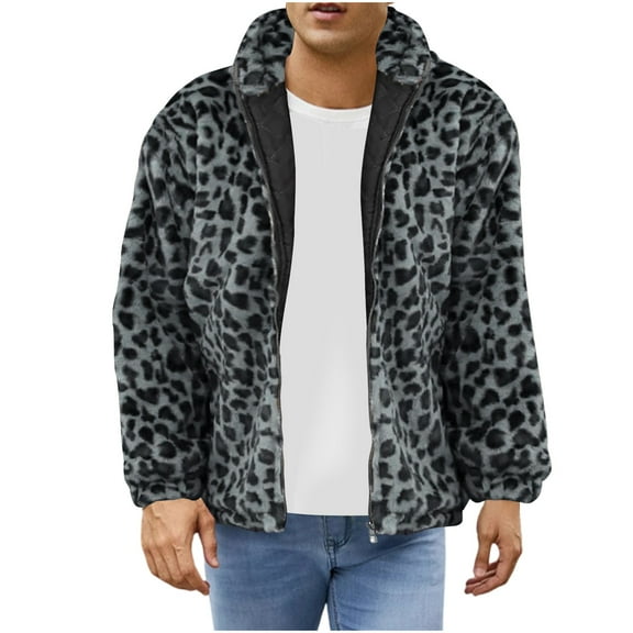 Lovskoo Men's Faux Fur Coat Winter Warm Fashion Leopard Long Sleeve Hooded Casual Outwear Jackets Blue