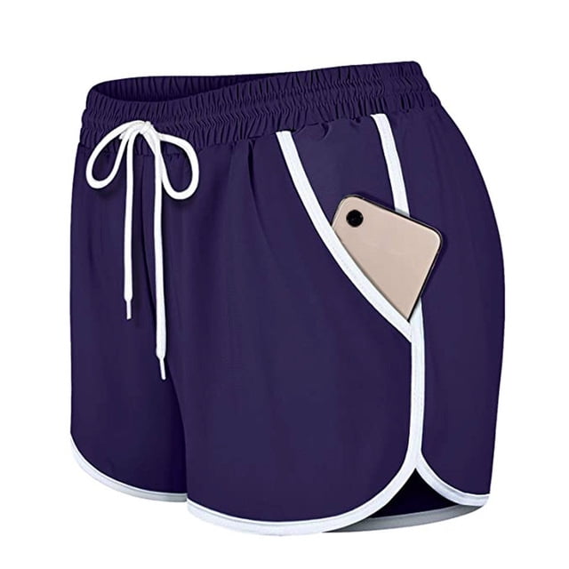 Pantalones cortos atléticos de cintura elástica con cordón de doble capa para mujer con bolsillos, Púrpura-S BANYUO Electrónica