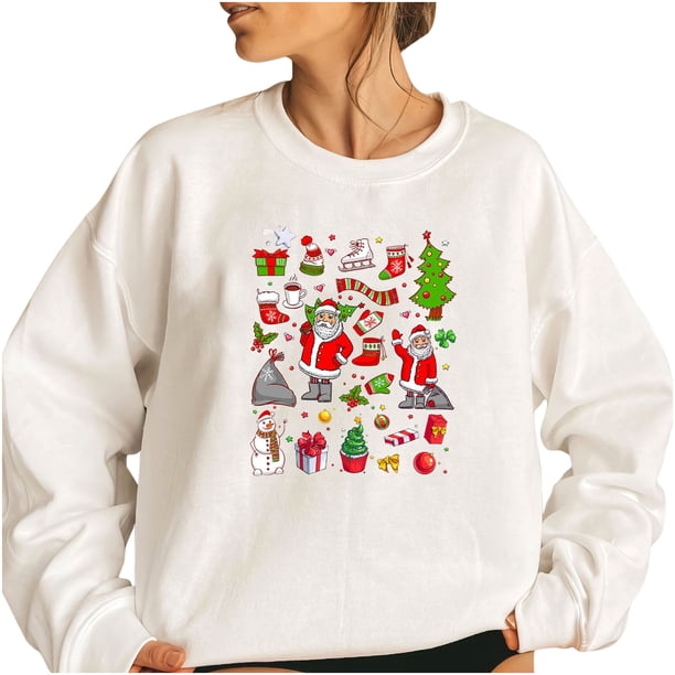 Mujer Casual Navidad Otoño Invierno Imprimir Sudadera Fleece Térmico O-cuello Manga larga Oversize Top Fridja fksj564