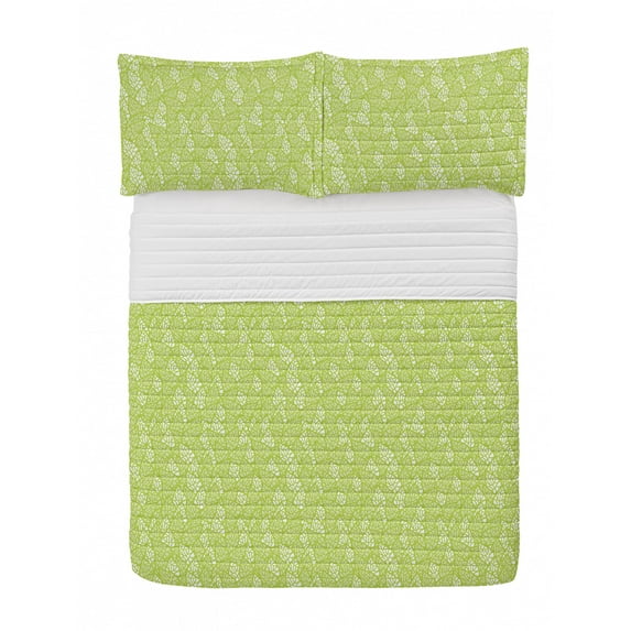 Leaf Microfiber Bedspread Set, Pattern with Leaves in the Springtime Greenery Bushes Ecology Garden Growth, Soft Bedding Set with Pillow Shams & Comforter, 3 Sizes, Apple Green White, by Ambesonne