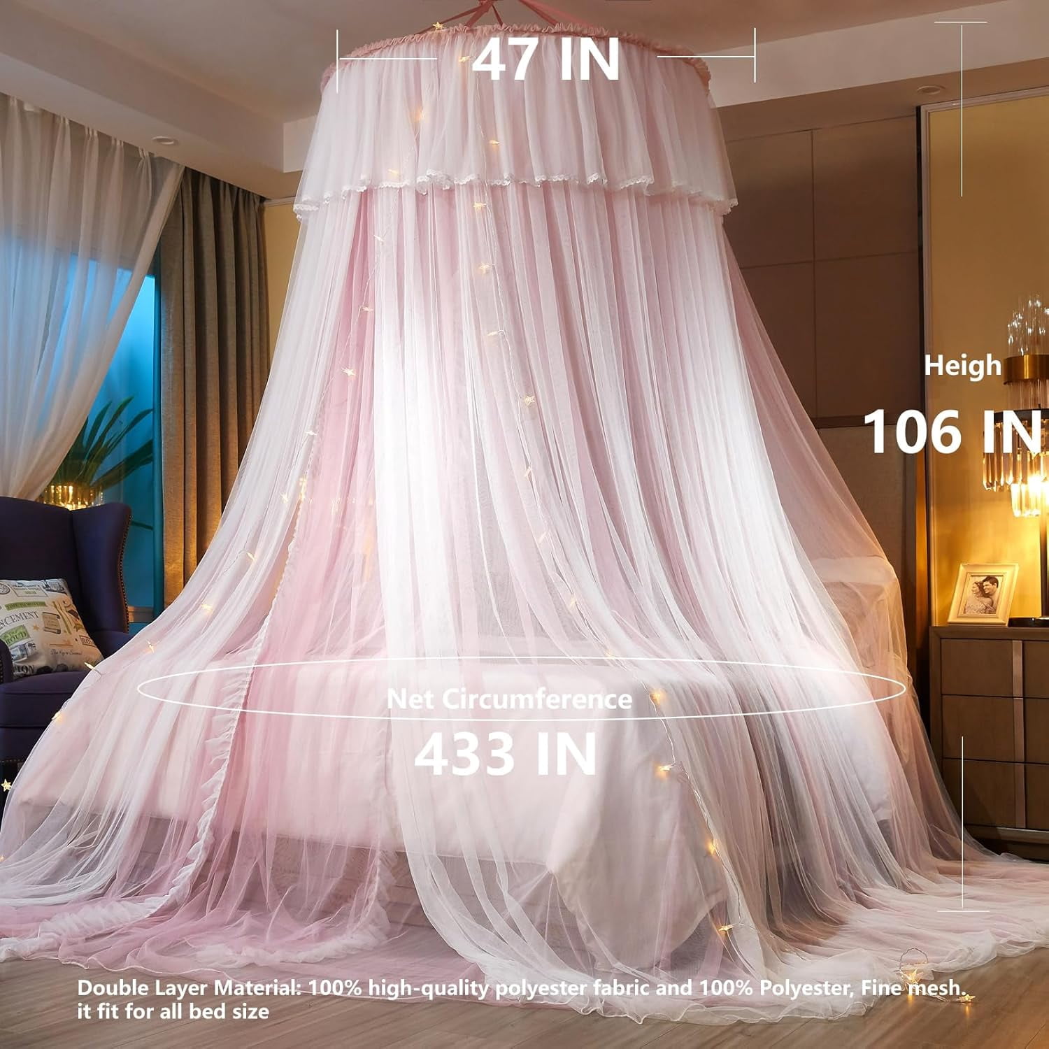 Princess Bed Canopy for Girls & Adults, Elegant Double-Layer Bed Curtain, Children's Dream Round Lace Mosquito Net, Princess Canopy Net - Fits Twin, Full, Queen, and King Beds (Light Gray)