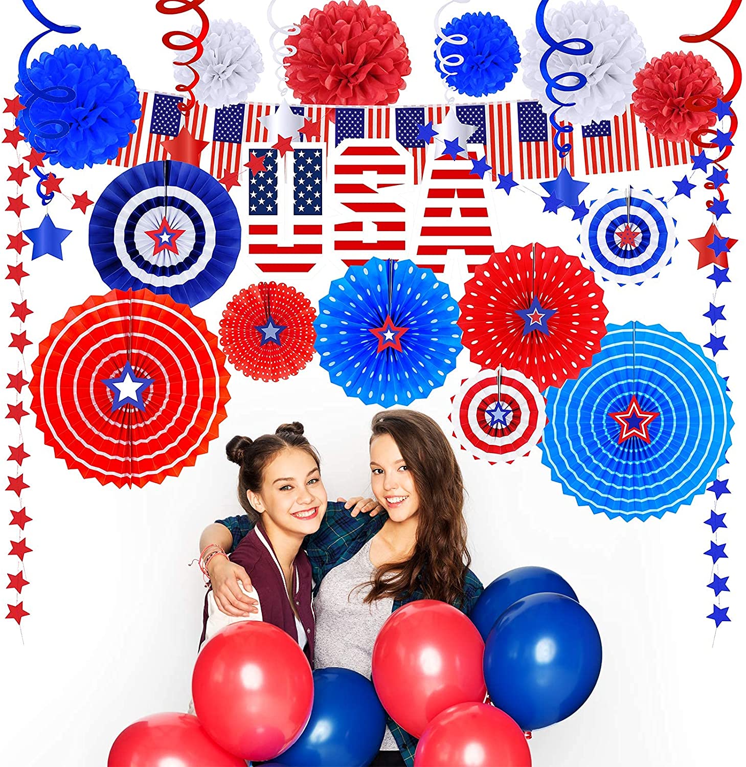 Bulk 4th of July Patriotic Party Decorations Kit โ Includes Red White Blue Hanging Paper Fans