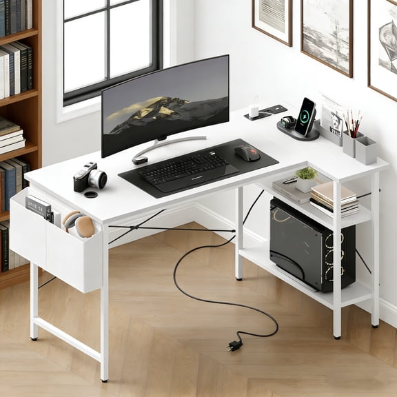 edx 39 Inch Small L Shaped Computer Desk with Power Outlets, Corner Gaming Table with Reversible Storage Shelves for Home, Office, White