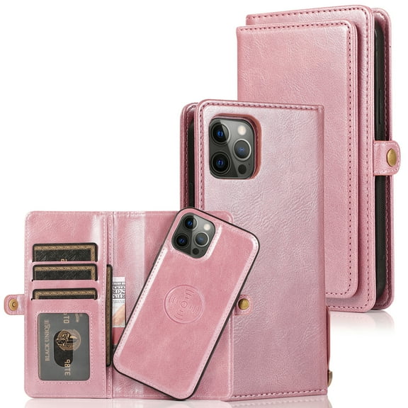ELEHOLD for iPhone 14 Pro 6.1 inch Luxury Heavy Duty Wallet Case with Card Slots Dual-Use Detachable Phone Case Magnetic Function Lanyard Shockproof Wallet Case,Rosegold