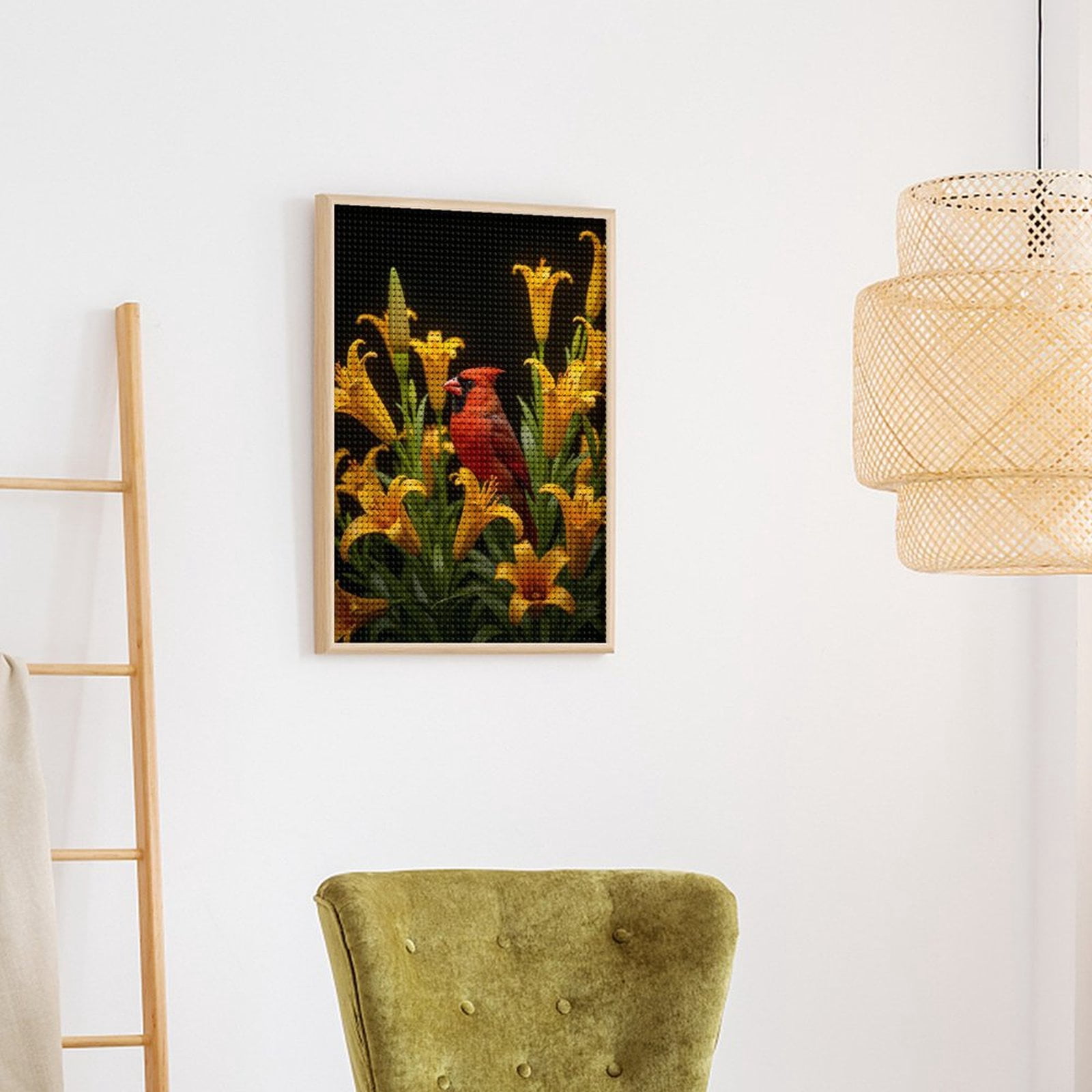 Diamond Art Kits for Adults, Cardinal Among Yellow Lilies 5D Diamond Painting Kits for Adults Beginners, DIY Full Drill Diamond Painting, Gem Art and Crafts 12x16