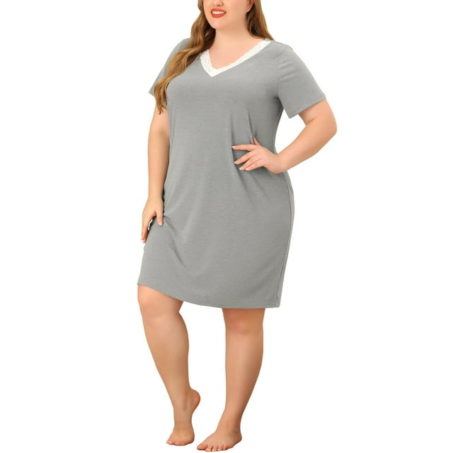 GRACE & GRANDEUR Nuisettes pour Femmes Grande Taille en Dentelle à Col en V à Manches Courtes Pyjama Tenue de Nuit Robe 2X Gris Foncé