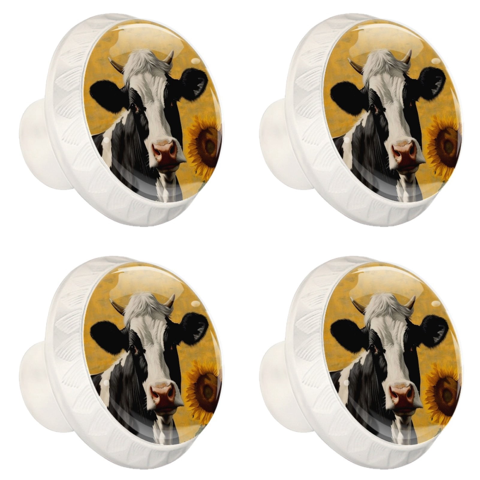 4 Pcs Cow and Sunflower Knobs for Kitchen Cabinet Cupboard Dresser Bookcase Drawer Pulls Handles Round Home Decor