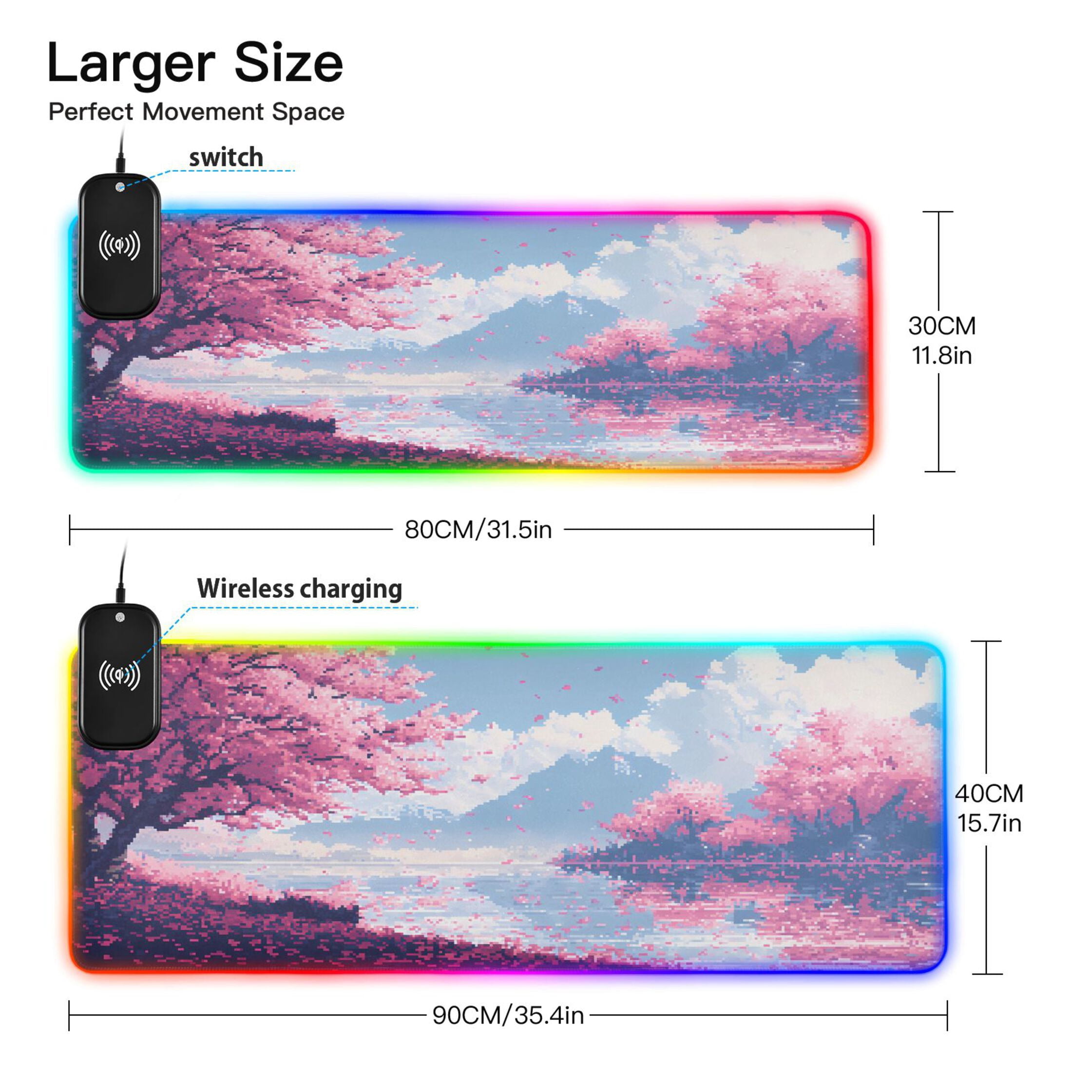 Wireless Charging Mouse Pad Large RGB Gaming Desk Mat 13 Light Modes Mousepad 35.4x15.7 Cherry Blossom Trees with Falling Petals