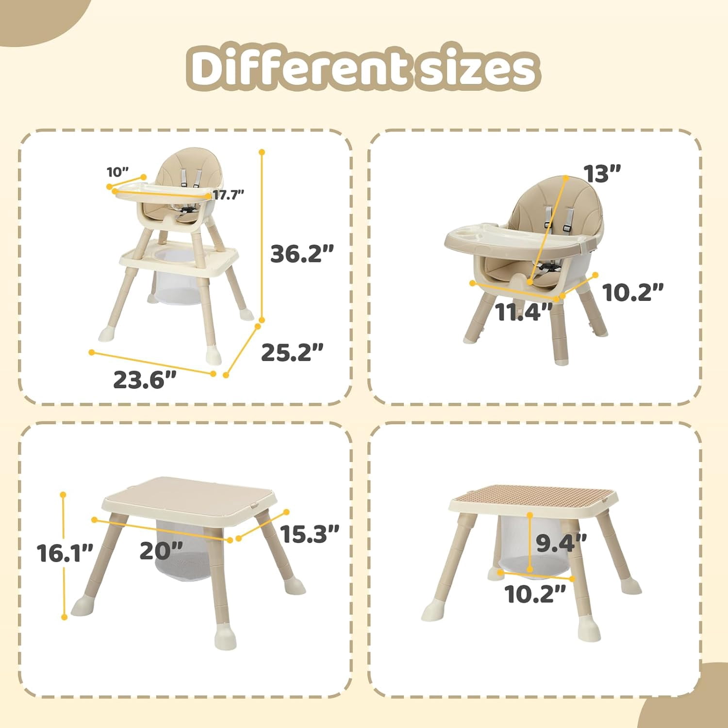 Zimtown Baby High Chair, 6 in 1 Convertible High Chairs for Babies and Toddlers, Portable Feeding Chair with 5-Point Safety Harness, Adjustable Dining Tray, Beige