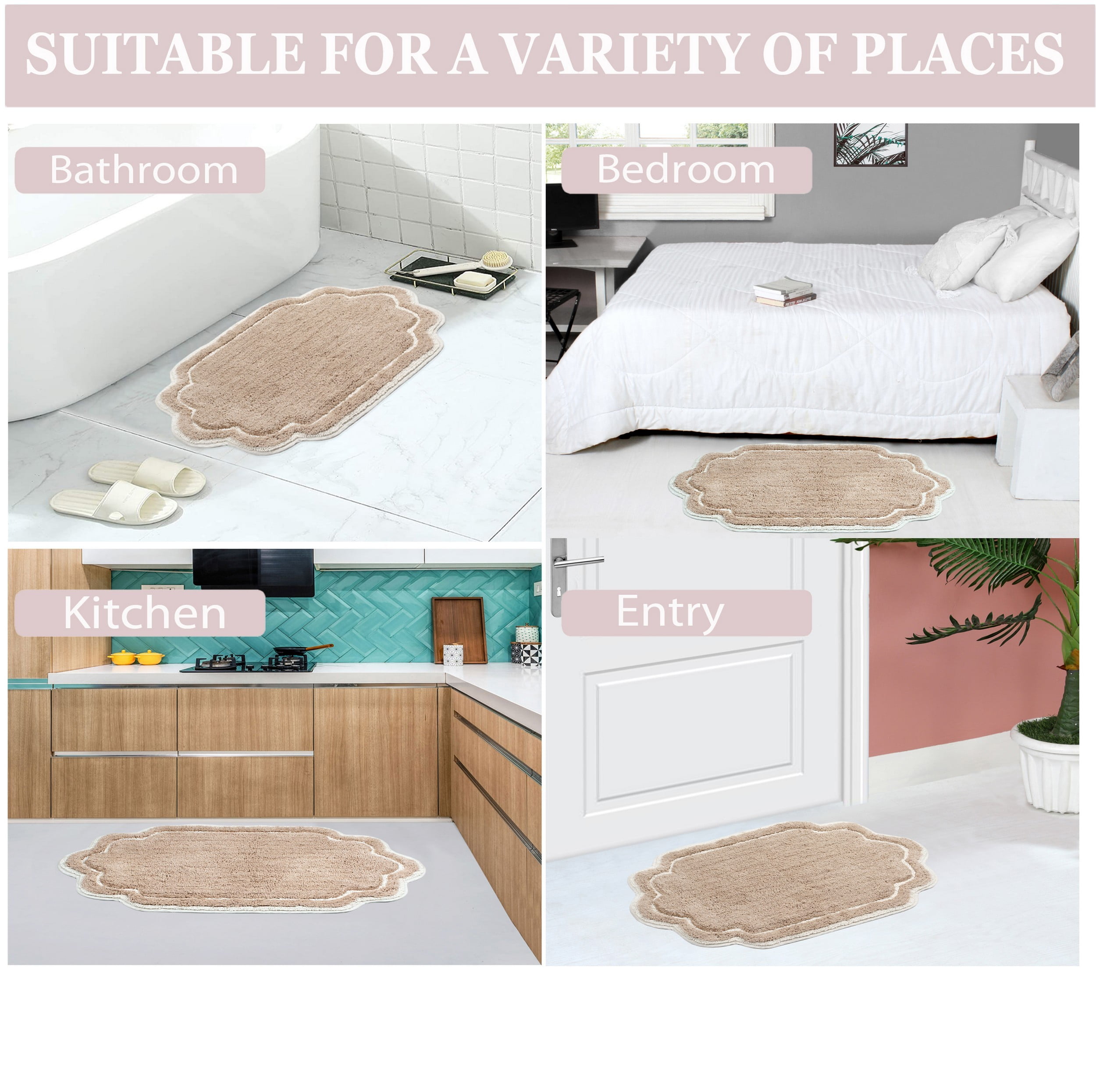 Home Weavers Allure Collection 100% Cotton Non-Slip Bathroom Rug Set Machine Washable Bathroom Rug-17"x24", Bath Rug- 21"x34", U Shaped Contour- 20"x20", Linen Color 3 Piece Bath Rug set