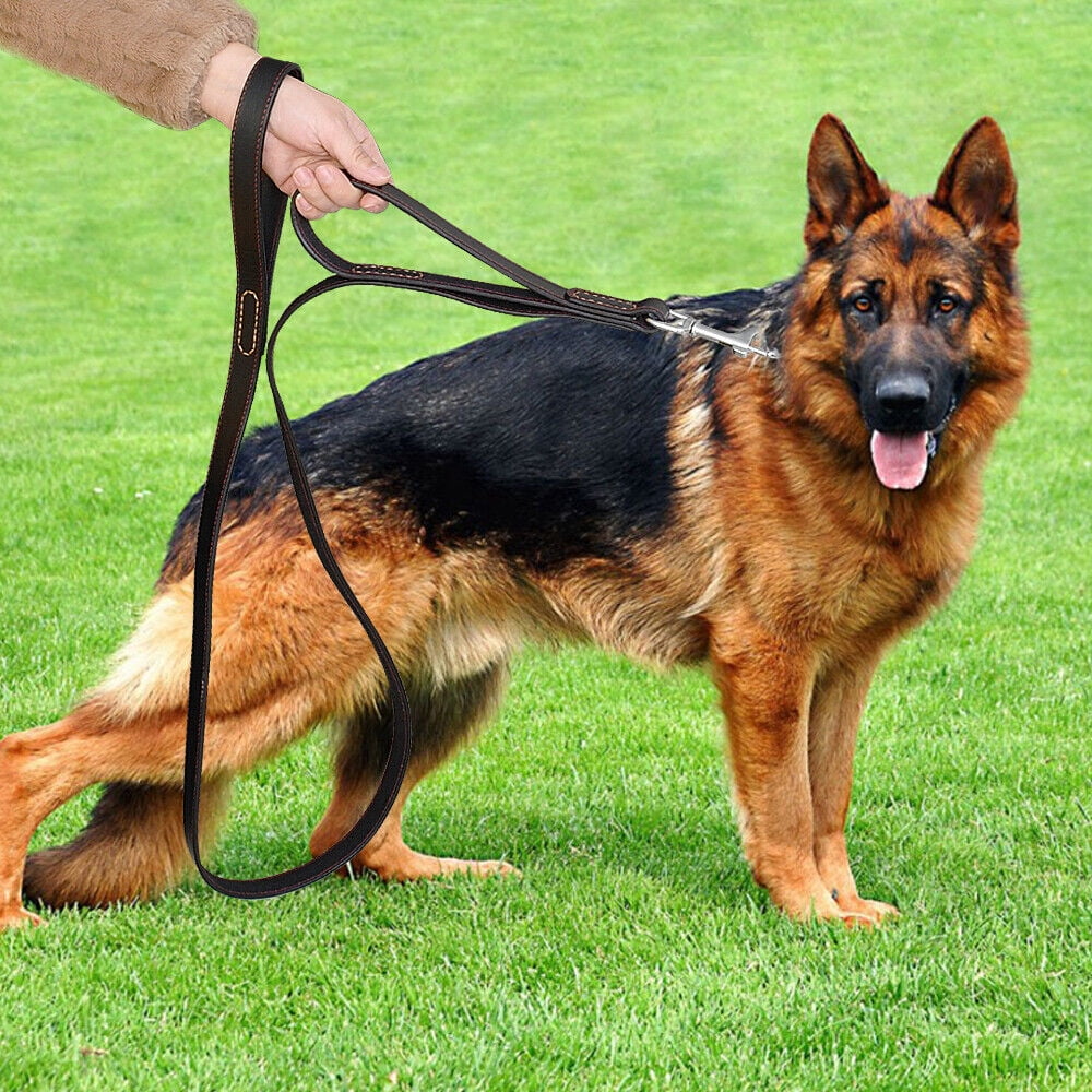 Wide Thick Genuine Leather Dog Leash with Dual Handle Pet Traffic Leashes for Large Dogs