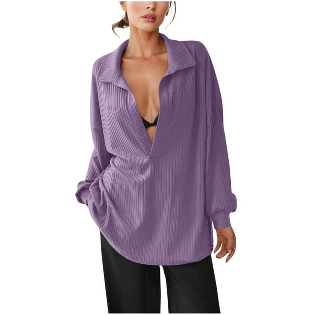 HongQid Womens Oversized Deep V Neck Sweatshirts Casual Collared Long Sleeve Ribbed Knit Pullover Tops