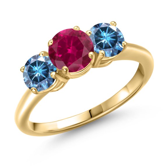 Gem Stone King 18K Yellow Gold Plated Silver Red Created Ruby and Persian Blue Moissanite Engagement Ring for Women | 2.00 Cttw | Round 6MM | Gemstone July Birthstone | Size 6