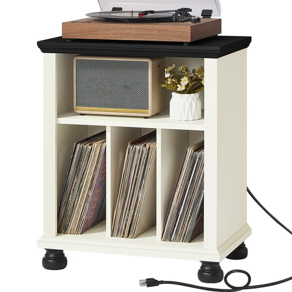 LELELINKY 24" Wide Record Player Stand with Power Outlet, Vinyl Record Cabinet, Turntable Stand Table - White