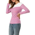 thumbnail image 5 of MODA NOVA Juniors Color Block Long Sleeve Striped Causal T-Shirt Fuchsia XS, 5 of 6