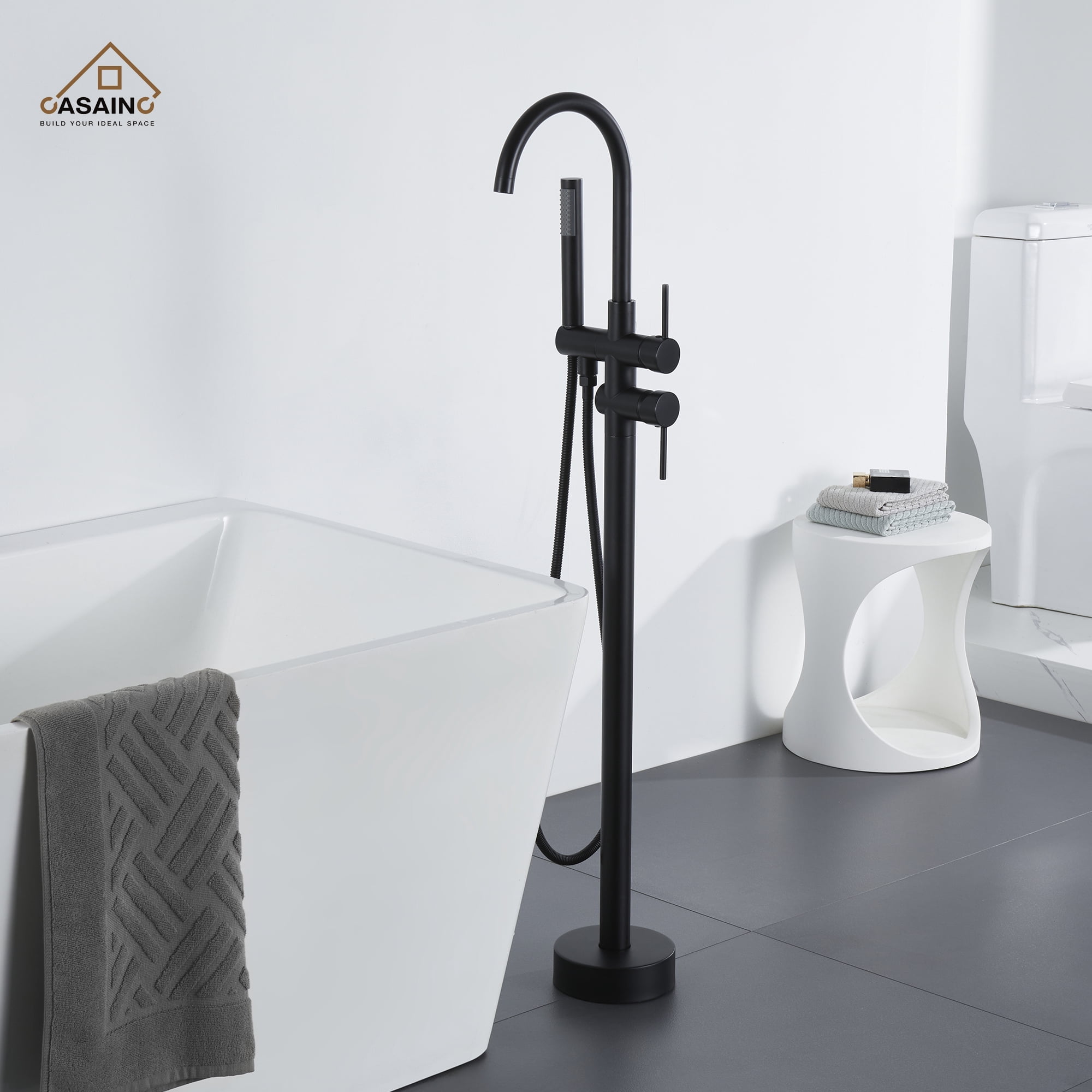 CASAINC 2-Handle Residentail Freestanding Bathtub Faucet with Hand Shower, Matte Black