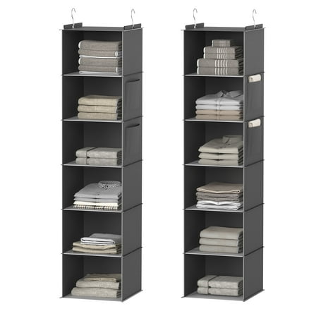 XUEYU Hanging Closet Organizer, 2 Pack Closet Hanging Storage Shelves with Bamboo Inserts, 6-Shelf Sturdy Hook Closet Organizers and Storage W/ 2 Side Pockets,Foldable Closet Storage for Bedroom,Gray