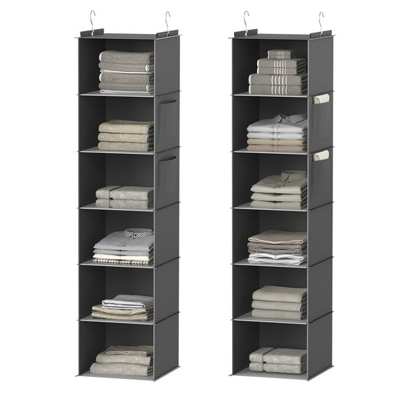 XUEYU Hanging Closet Organizer, 2 Pack Closet Hanging Storage Shelves with Bamboo Inserts, 6-Shelf Sturdy Hook Closet Organizers and Storage W/ 2 Side Pockets,Foldable Closet Storage for Bedroom,Gray