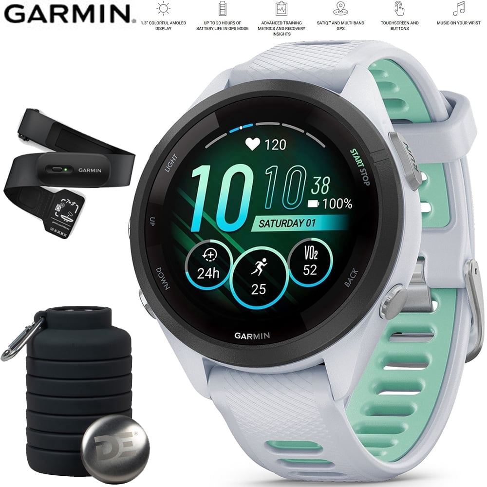 Garmin 010-02810-04 Forerunner 265S GPS Smartwatch Whitestone/Neo Tropic Bundle with Garmin Heart Rate Monitor Accurate Heart Rate & HRV Data Strap XS-S and Deco Essentials Collapsable Water Bottle