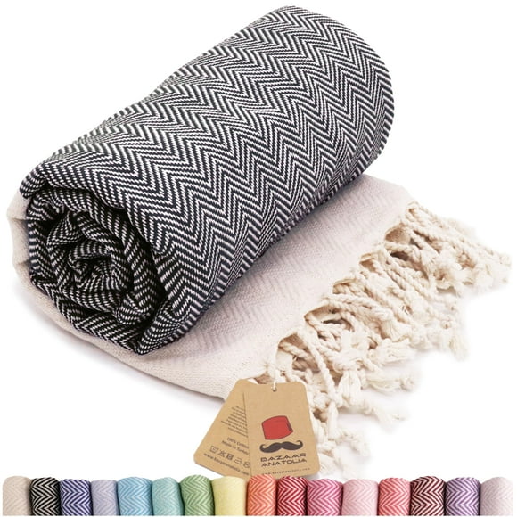 Bazaar Anatolia Serviette de Plage Turque Serviettes de Bain 100 % Coton 71x39 Séchage Rapide Sans Sable Légère Grande Surdimensionnée Chevrons Noir