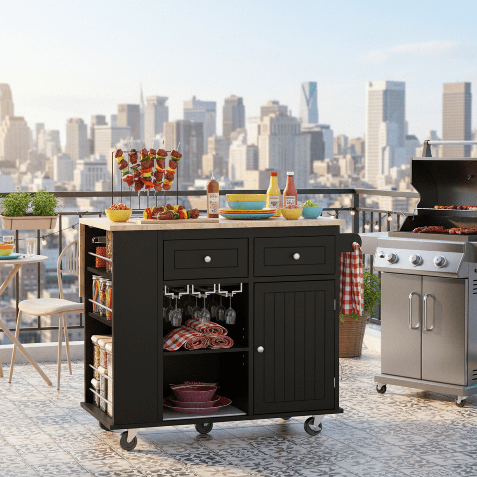 Homy Casa Kitchen Serving Cart with Power Outlet, Wine Rack & Storage Shelves, Rolling Serving Cart