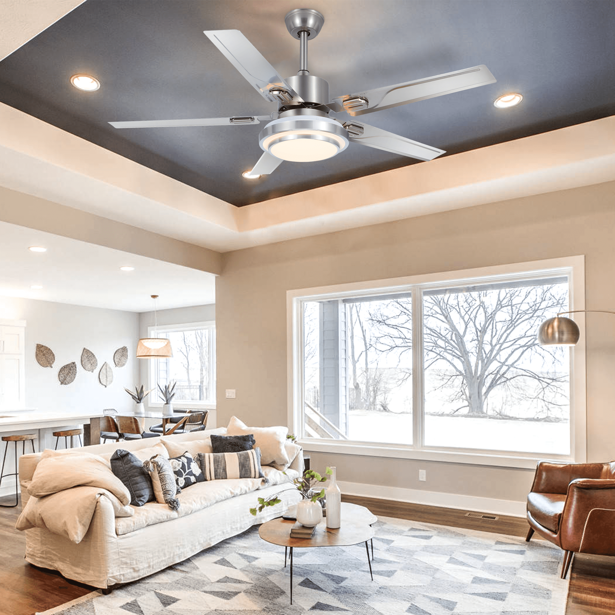48" Stainless Steel Ceiling Fan with LED Light - 5 Blade Industrial Chandelier Fan, 5000 CFM Brushed Silver & Remote Control, Adjustable Downrod (10''/20'') for Restaurant/Loft, Anti-Rust Iron Frame