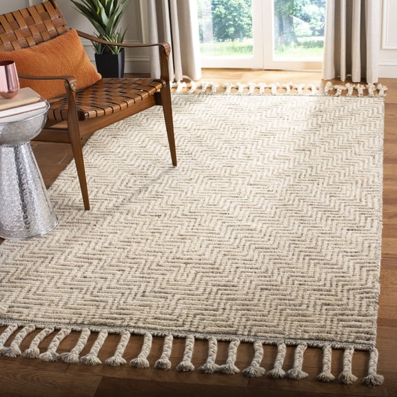 SAFAVIEH Kenya Lennard Braided Geometric Fringe Area Rug, Ivory/Grey, 6' x 9'