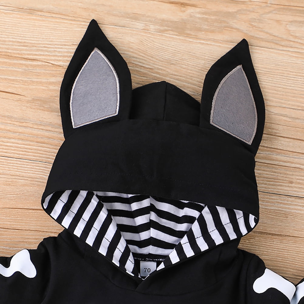 IBTOM CASTLE Newborn Baby Bat Costume Halloween Cosplay Cloak Romper with Wings Ears Hoodie My First Halloween Outfit for Boy Girl 6-12 Months Black Skull