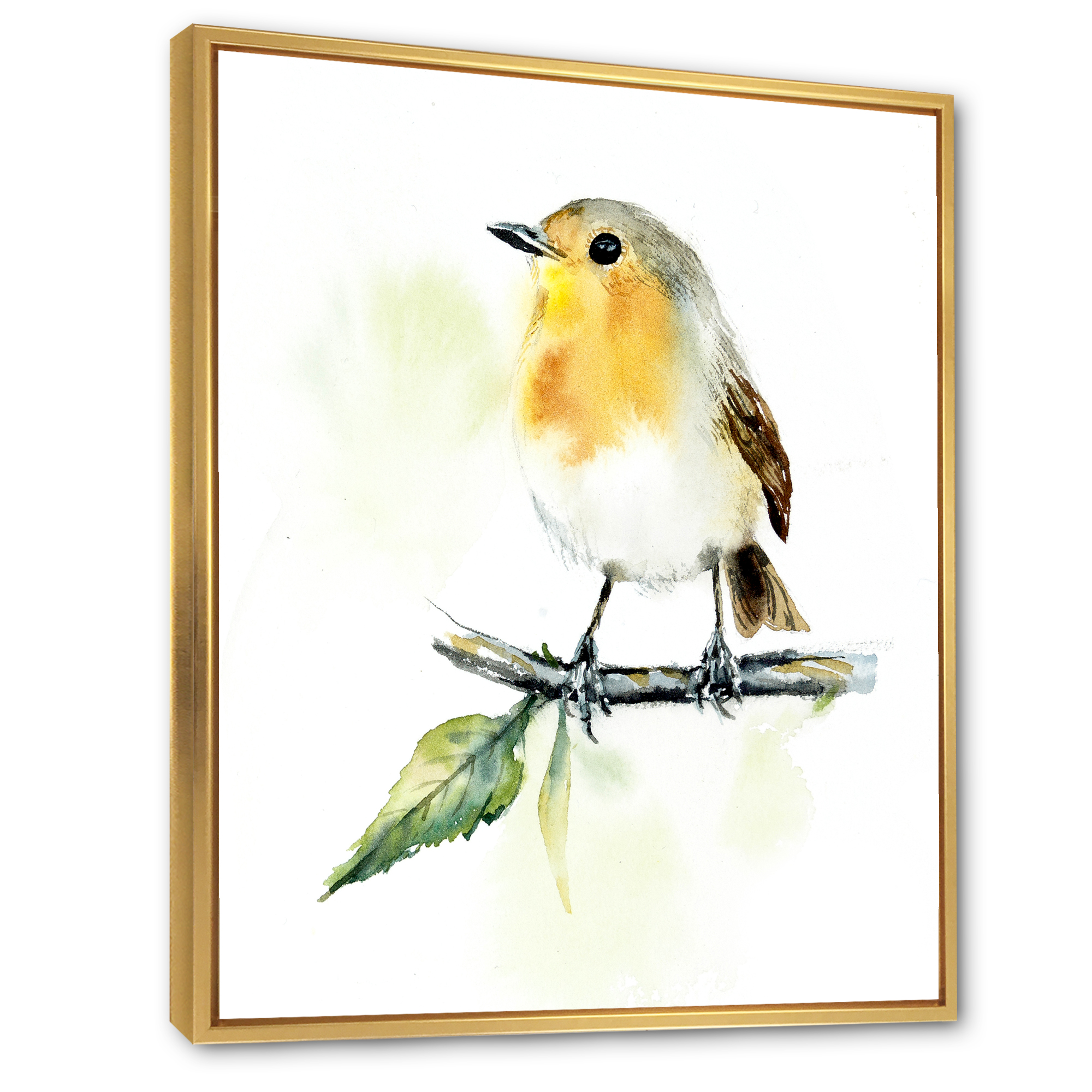 Designart 'Little Robin Bird Sitting On A Branch' Traditional Framed Canvas Wall Art Print