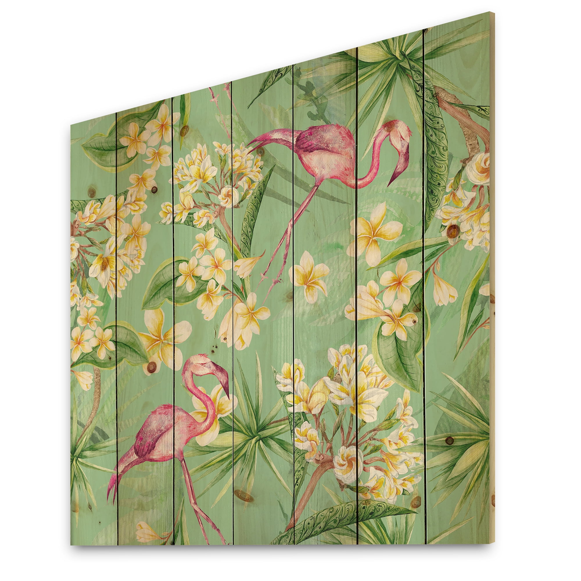 Designart 'Yellow Flowers, Tropical Foliage With Flamingo V' Traditional Print on Natural Pine Wood