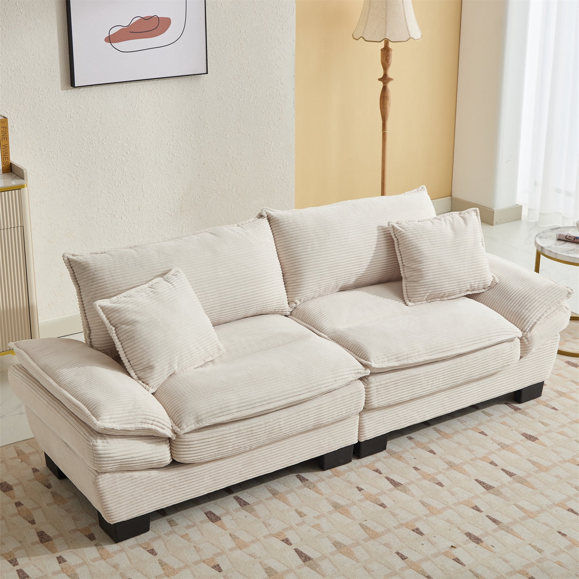 Aukfa 84" Deep Seat Sofa Modern Comfy Sofa Sleeper Couch for Living Room, 2 Pillows, Corduroy, Beige