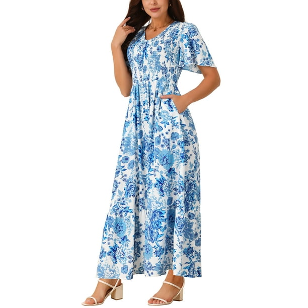 chinese dress ladies Light Blue Woven Textured Flutter Sleeve V-Neck Tiered Maxi Dress main image 0