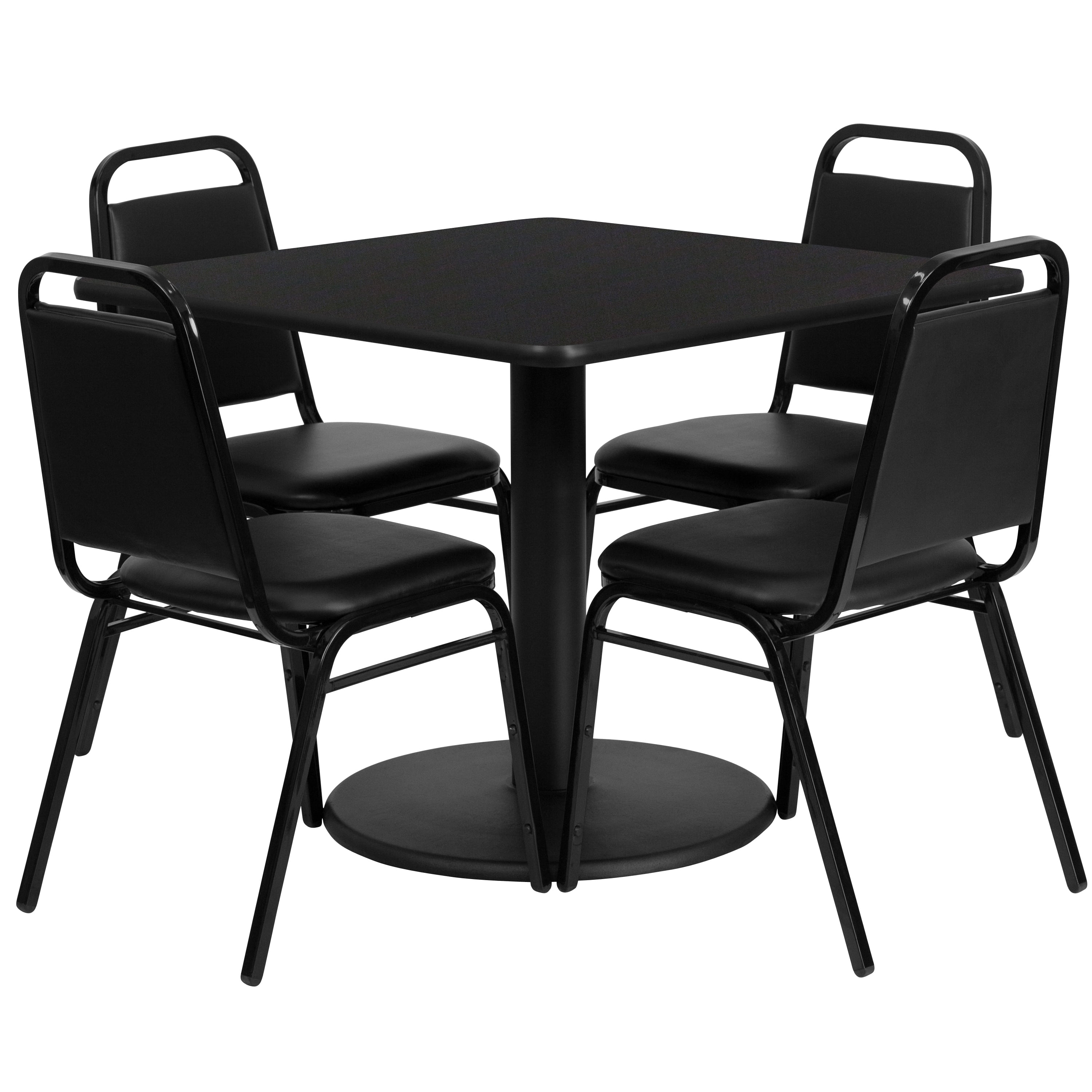 Flash Furniture 36 Square Black Laminate Table Set with 4 Black Trapezoidal Back Banquet Chairs 