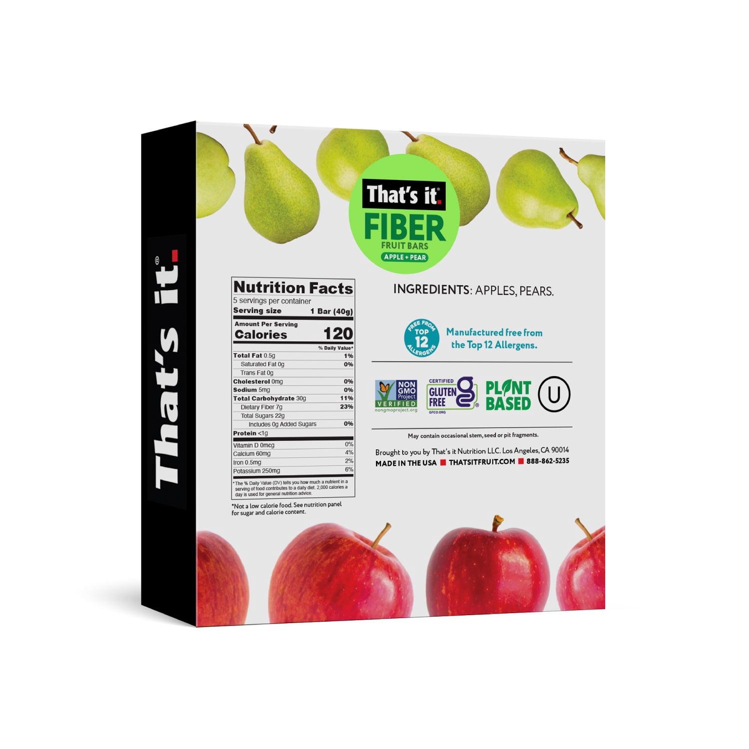 (6 pack) That's it. 100% Natural Gluten Free Apple and Pear Soft & Chewy Fruit Bars, 7g Fiber, 5 Count Box