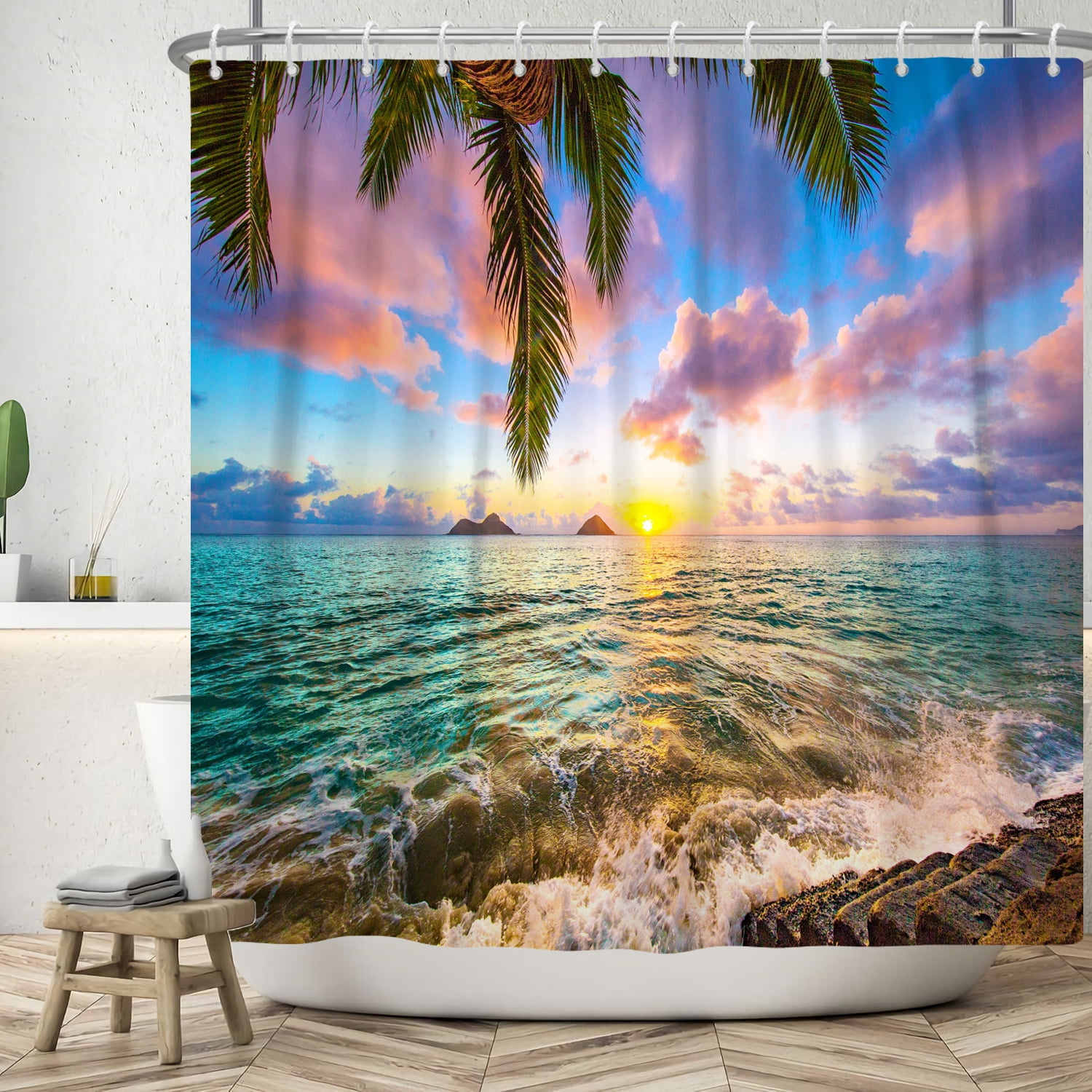 SUNOLIFE Ocean Sea Beach Shower Curtain Summer Hawaii Seaside Fabric Bathroom Curtain with Hooks,72x78 in