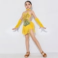 thumbnail image 2 of Moxiu Recital Performance Outfit for Girls 3-12 Years - Sequin Crop Top Metallic Shorts with Tassel Arm Sleeves Dance Outfit Yellow,9 Years, 2 of 6
