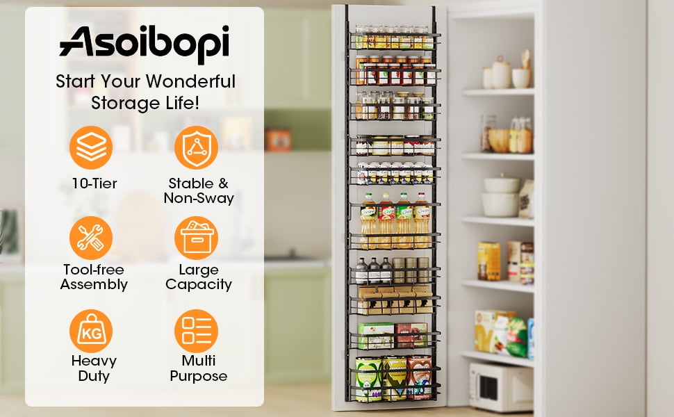 10-Tier Adjustable Over the Door Pantry Organizer with 2 Sets Hooks Fits Most Doors, Hanging Spice Rack for Pantry Door Organizer And Storage, Black